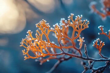 Fototapete - Intricate, orange seaweed branch, delicately textured, glows in soft sunlight against a blurred blue background.