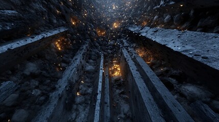 Aufkleber - Eerie view of a deep shaft underground illuminated by flickering lights : Generative AI