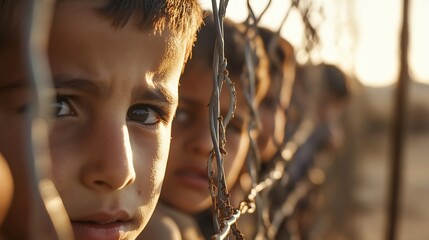 Poster - Closeup of a boy peering through a fence with a serious expression in a shaded area : Generative AI