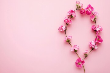 Poster - A heart-shaped frame made of pink flowers on a pink background, perfect for romantic occasions and decorations