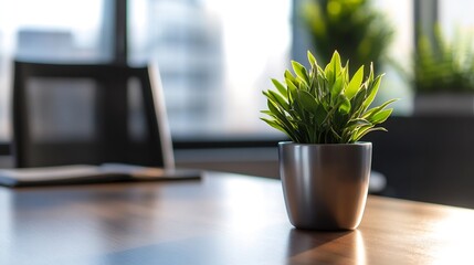 Aufkleber - Stylish indoor plant placed on wooden table enhancing modern office decor with a touch of greenery : Generative AI