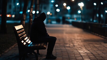 Aufkleber - Silhouette of a person sitting alone on a park bench at night surrounded by glowing lights : Generative AI