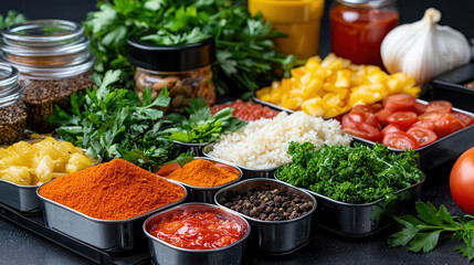 Poster - Fresh ingredients arranged for cooking, featuring spices, herbs, and vegetables. vibrant display of colors and textures, perfect for meal preparation and culinary inspiration