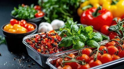 Poster - Fresh vegetables and herbs arranged in cinematic kitchen prep scene, featuring vibrant tomatoes, colorful peppers, and aromatic basil, creating lively cooking atmosphere