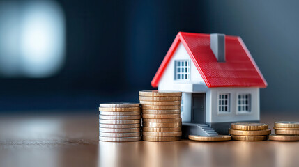 Poster - model house next to stacks of coins, symbolizing property market trends and investment opportunities