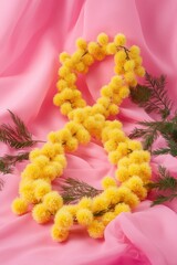 A bunch of yellow flowers sit on top of a pink cloth, making for a bright and cheerful display