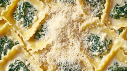Aufkleber - Fresh pasta with wilted spinach and melted cheese in a savory close-up shot