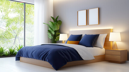 Aufkleber - Modern minimalist bedroom with cozy decor, featuring wooden bed, blue and white bedding, and large windows with greenery outside