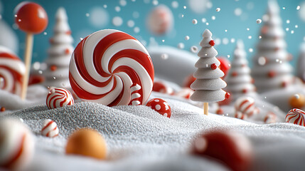 Poster - whimsical candyland winter scene featuring oversized striped lollipops, colorful candies, and snowy landscapes. playful atmosphere evokes joy and nostalgia