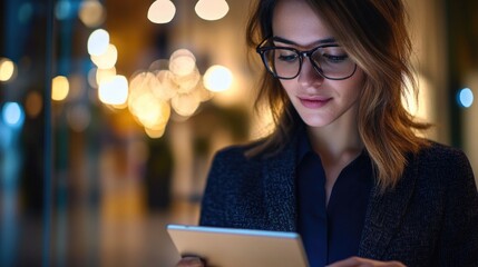 Wall Mural - A woman looks at her tablet computer, perfect for technology and education concepts