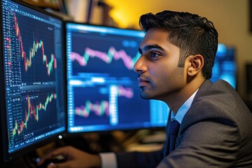 A person seated in front of two computer monitors, likely working or gaming