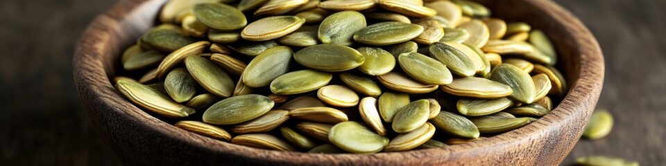 Wall Mural - A wooden bowl filled with pumpkin seeds placed on a table