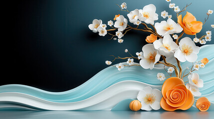 Poster - hyper realistic embossed artwork featuring elegant white and orange flowers, intertwined with delicate branches against serene blue background, creating tranquil and artistic ambiance