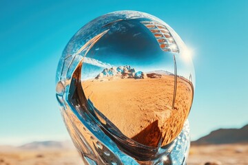 Poster - A reflective surface shows a desert landscape with sand dunes and rocks, useful for travel or nature-themed designs