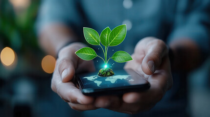 Leinwandbilder - person holding smartphone with digital plant growing from it, symbolizing technology and sustainability. image conveys sense of innovation and environmental awareness