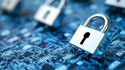 Leinwandbilder - Security concept with chrome locks on a blue digital background representing data protection : Generative AI