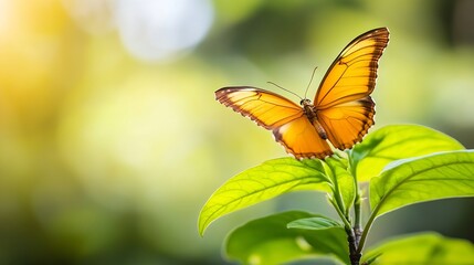 Poster - Vibrant butterfly perched on a green leaf capturing the essence of nature in a closeup shot : Generative AI