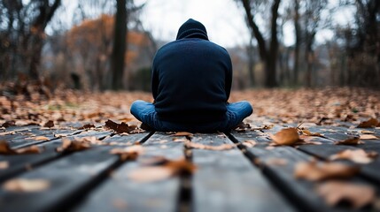 Aufkleber - Pensive individual seated alone on wooden planks surrounded by autumn leaves reflecting on life and nature : Generative AI