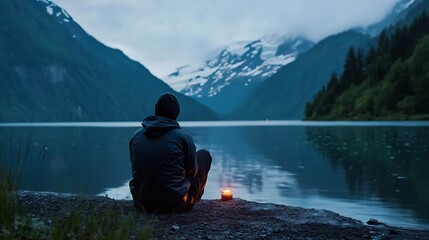Poster - Serene lake view with a person meditating by the water against a stunning mountain backdrop at dusk : Generative AI