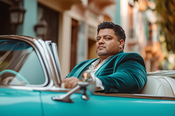 Full-figured man in teal velvet blazer poses confidently in vintage convertible under warm sunlight