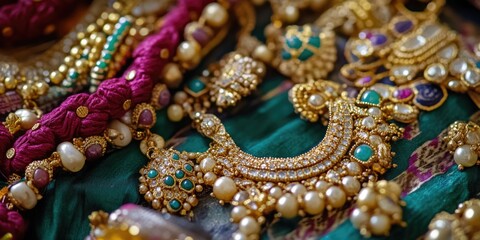 Poster - Close-up view of various jewelry pieces on a table, ideal for use in e-commerce or product photography