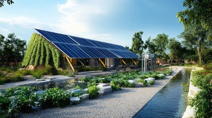 Poster - solar-powered water desalination plant supplying fresh water and clean energy.