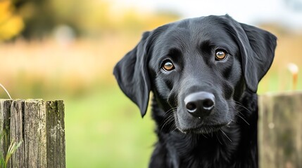 Poster - A beautiful black Labrador looking curiously through a wooden fence in a serene countryside setting : Generative AI
