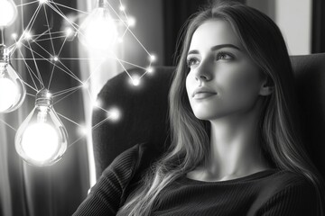Poster - A woman sits in a chair with a light bulb shining down on her, providing a unique and creative lighting effect