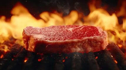 Juicy charcoal steak idea. Juicy steak sizzling on a grill amidst bright flames.