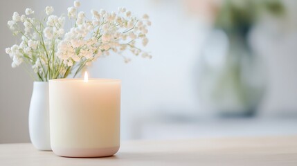 Poster - A stylish candle glowing softly next to a vase filled with delicate white flowers for a calming ambiance : Generative AI