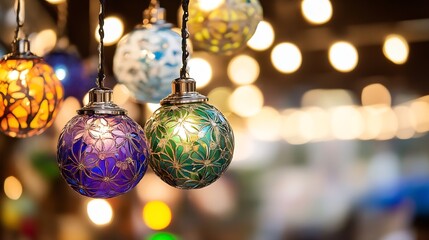Poster - Colorful decorative hanging ornaments creating a festive atmosphere with blurred lights in the background : Generative AI