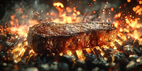 Juicy charcoal steak idea. Juicy steak sizzling over hot grill flames.