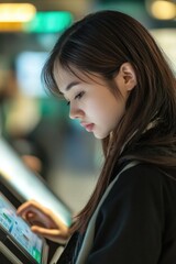 Poster - A woman sitting on a chair, using her tablet computer at an airport