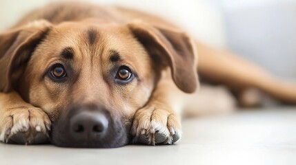 Poster - Closeup of a sad dog lying down on a floor looking directly at the camera : Generative AI