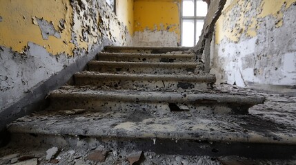 Aufkleber - Abandoned and haunting interior staircase in a derelict building with peeling walls : Generative AI