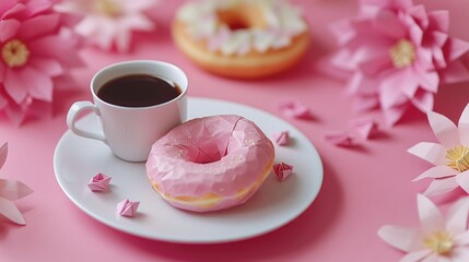 Poster - A cup of coffee and a doughnut on a plate, perfect for breakfast or snack