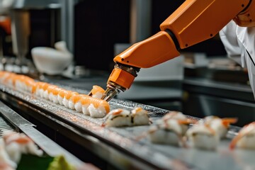 Fototapete - A robot makes sushi rolls on a moving conveyor belt