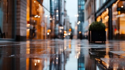 Aufkleber - Quiet urban street after rain showcasing reflections on wet pavement and blurred city lights : Generative AI