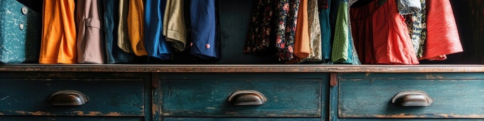 A dresser with a bunch of clothes hanging on it, useful for interior design and lifestyle scenes