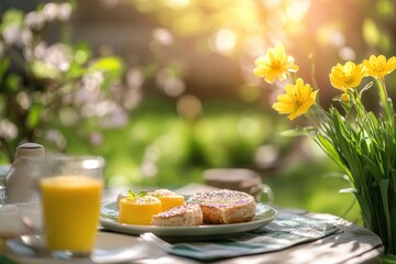 Poster - A plate of food and a glass of orange juice on a table, great for use in advertising or editorial content