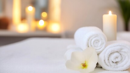 Poster - Relaxing Spa Setting with Soft Towels and Candles Creating a Peaceful Atmosphere for Self Care : Generative AI