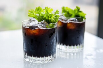 Aufkleber - Refreshing drink served with ice and garnishes on a table