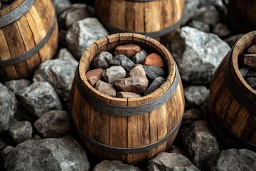 Poster - A collection of wooden barrels stacked on top of a rocky outcropping