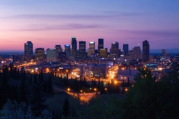 Poster - A nighttime city view from a hill with buildings and lights