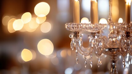 Poster - Elegant Crystal Chandelier with Soft Glow of Candle Light in Background : Generative AI