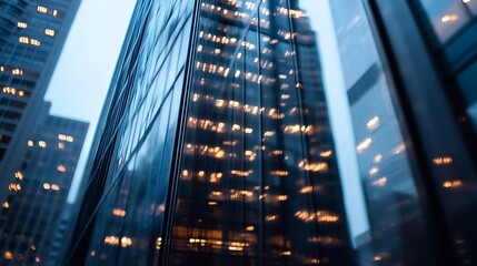 Poster - Stunning reflection of modern skyscrapers in urban setting during twilight with bright city lights : Generative AI