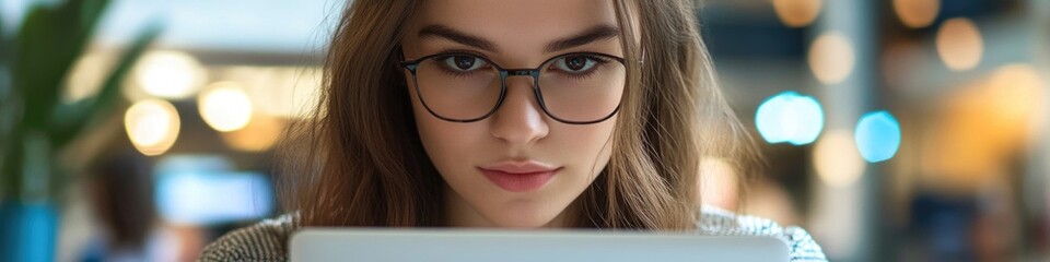 Poster - A woman wearing glasses sits in front of a laptop, focusing on her work