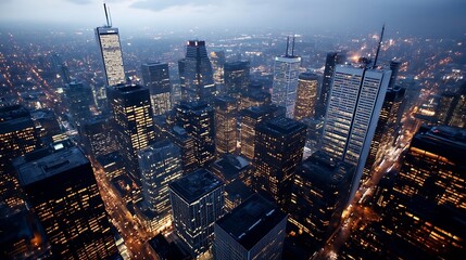 Poster - Aerial view of a bustling urban cityscape at night illuminated by city lights and traffic flow : Generative AI