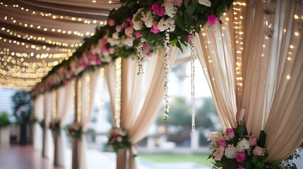 Poster - Beautifully Arranged Floral Decorations with Twinkling Lights for a Romantic Setting : Generative AI