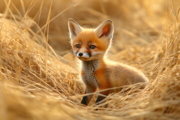 Wall Mural - A young fox sits amidst a pile of dry grass, awaiting its next move